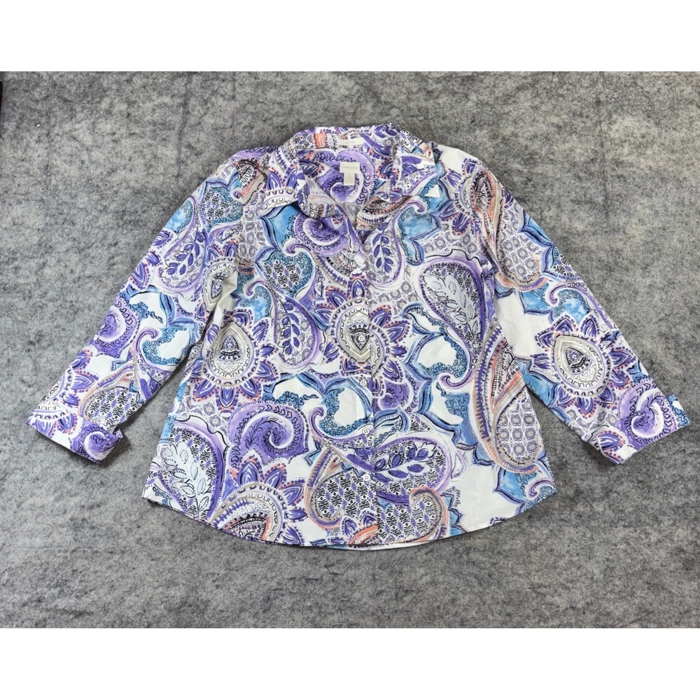 Chico's No-Iron Button-Down Shirt Women's 2 Blue Chic Stretch Paisley Casual